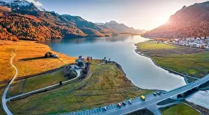 Silvaplana Prints: View from flying drone. Exciting autumn scene of Silvaplana village