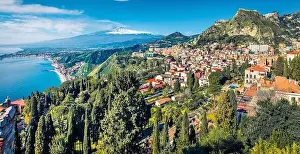 Taormina Prints: View from flying drone. Exciting morning view of Taormina town and Etna volcano on background