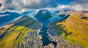 Klaksvik Prints: View from flying drone. Exciting summer cityscape of Klaksvik town