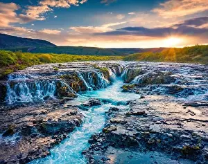 Colorfull Prints: View from flying drone. Exciting summer sunrise on Bruarfoss Waterfall