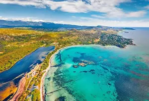 Laguna Bay Prints: View from flying drone. Exotic summer view of popular tourist destination - Santa Giulia beach