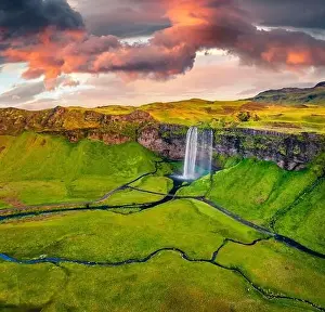 Seljalandsfoss Prints: View from flying drone. Fabulous summer view of Seljalandsfoss waterfall