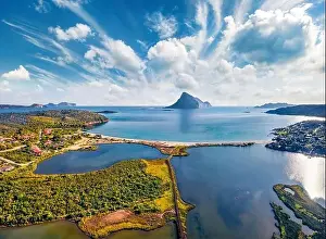 View from flying drone. Fabulous summer view of Spiaggia di Porto Taverna beach