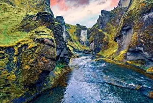 Basalt River Prints: View from flying drone of Fjadrargljufur canyon and river