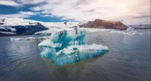Drone Fly Prints: View from flying drone. Floating of blue icebergs in Jokulsarlon Glacier Lagoon