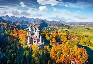 Marvelous Prints: View from flying drone. Gorgeous autumn scene of Neuschwanstein Castle