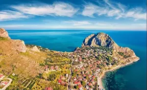 View from flying drone. Gorgeous morning view of Zafferano cape
