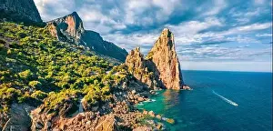 View from flying drone. Gorgeous summer view of historical landmark - Pedra Longa