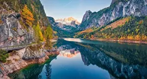 Enchanted Prints: View from flying drone of Gosausee (Vorderer) lake with Dachstein glacieron background