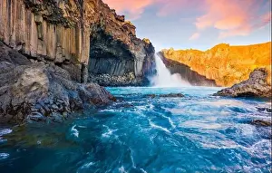 Powerfull Prints: View from flying drone. Great summer sunrise on Ingvararfoss waterfall
