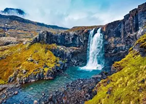 View from flying drone of Gufufoss (Gufu Waterfall)