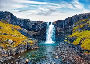 View from flying drone of Gufufoss (Gufu Waterfall)