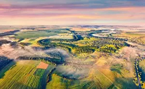 Sublime Prints: View from flying drone. Impressive morning scene of Ukrainian countryside with field of wheat