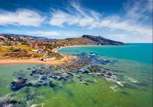 View from flying drone. Impressive morning view of Giallonardo Beach