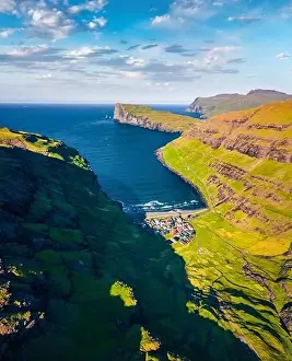 Tjornuvik Prints: View from flying drone. Impressive summer view of Tjornuvik village with Eidiskollur cliffs on background