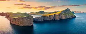 Awakening Prints: View from flying drone. Incredible evening scene of Sorvagsvatn lake