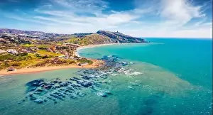 View from flying drone. Incredible morning view of Giallonardo Beach