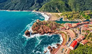 Corse Prints: View from flying drone. Incredible summer cityscape of Porto town with Genoise de Porto Ota tower