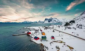 View from flying drone of Justad fishing village on Vestvagoy island
