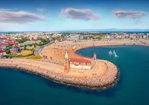 Water Tourism Prints: View from flying drone of Madonna dell'Angelo church - small seaside chapel & pilgrimage destination