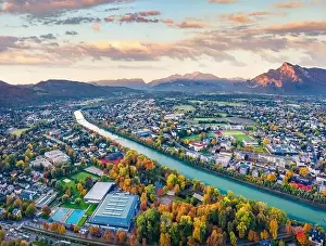 Street House Prints: View from flying drone. Magnificent morning cityscape of Salzburg