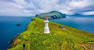 Faroe Island Prints: View from flying drone. Magnificent summer scene of Mykines island with old lighthouse