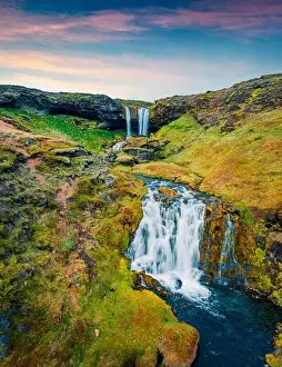 View from flying drone. Majestic morning scene of Sheep's Waterfall
