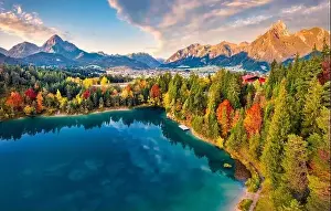 View from flying drone. Majestic morning scene of Urisee lake