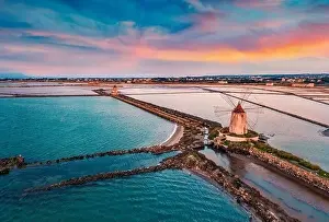 View from flying drone. Majestic spring sunset on the popular tourist attraction - Imbarcadero Storico Mothia