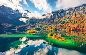 Eibsee Prints: View from flying drone. Misty morning view of Eibsee lake with Zugspitze mountain range on background