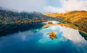 Eibsee Prints: View from flying drone. Misty morning view of Eibsee lake with Zugspitze mountain range on background