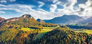 Hill Valley Prints: View from flying drone. Panoramic autumn view of Altaussee village