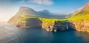 Gasadalur Prints: View from flying drone. Panoramic morning scene of Mulafossur Waterfall