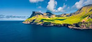 Gasadalur Prints: View from flying drone. Panoramic morning scene of Mulafossur Waterfall