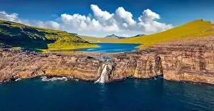 Bosdalafossur Prints: View from flying drone. Panoramic morning view of Bosdalafossur waterfall