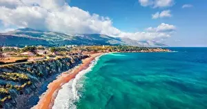 Scopello Prints: View from flying drone. Panoramic morning view of popular italian destination - Guidaloca beach