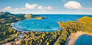 View from flying drone. Panoramic summer view of Rondinara beach