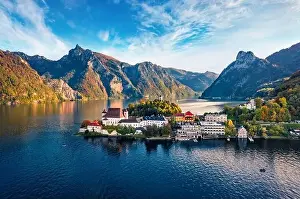Traunsee Prints: View from flying drone. Picturesque morning view of Maria Kronung church