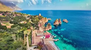 View from flying drone. Picturesque spring scene of Tonnara di Scopello