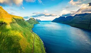 View from flying drone. Picturesque summer view of Kalsoy island