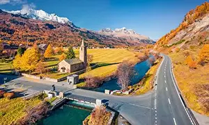 View from flying drone of San Lurench church in Sils im Engadin village