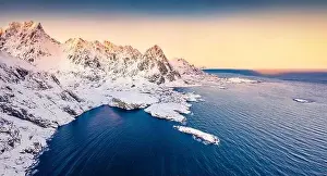 View from flying drone of southernmost of Lofoten islands town