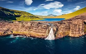 View from flying drone. Spectacular afternoon view of Bosdalafossur waterfall