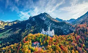 Marvelous Prints: View from flying drone. Spectacular autumn scene of Neuschwanstein Castle