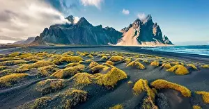 View from flying drone. Spectacular autumn scene of Stokksnes cape with Vestrahorn (Batman Mountain) on background