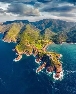 Corse Prints: View from flying drone. Spectacular morning scene of Port de Girolata - place