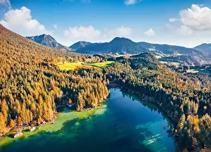 View from flying drone. Splendid autumn view of Hintersee lake