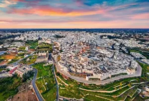 Ostuni Prints: View from flying drone. Splendid morning cityscape of Ostuni town