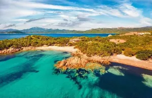 Capriccioli Prints: View from flying drone. Splendid morning scene of popular touris deastination - Capriccioli beach