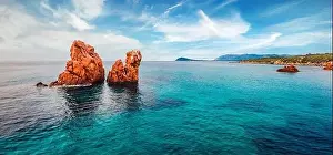 Drone Fly Prints: View from flying drone. Splendid morning scene of Sardinia island